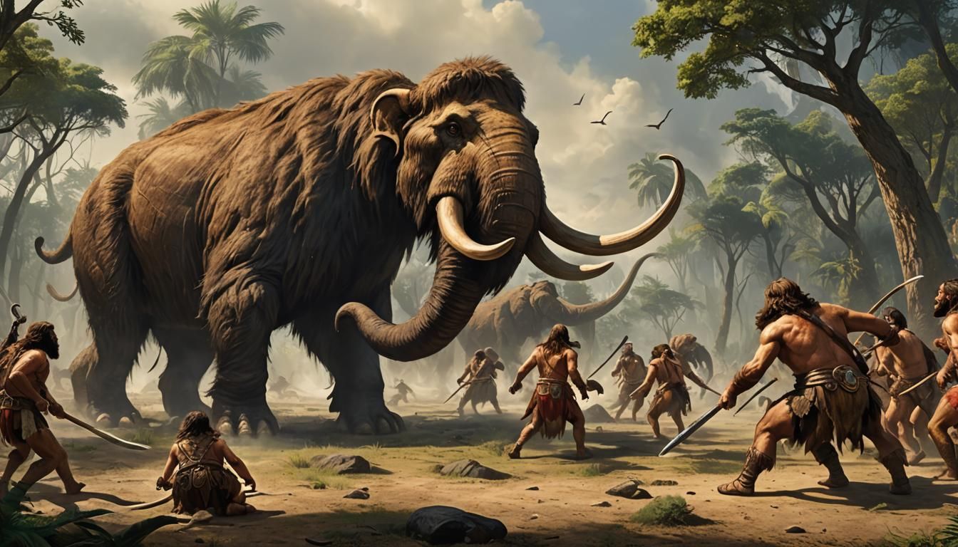 Cavemen Battle Mammoth in Prehistoric Landscape