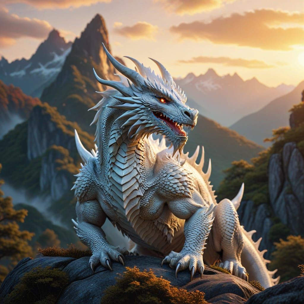 Majestic White Dragon Over Mystic Mountains