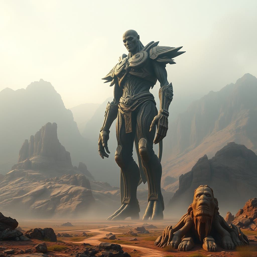 Colossal Figure Dominates Dreamlike Landscape