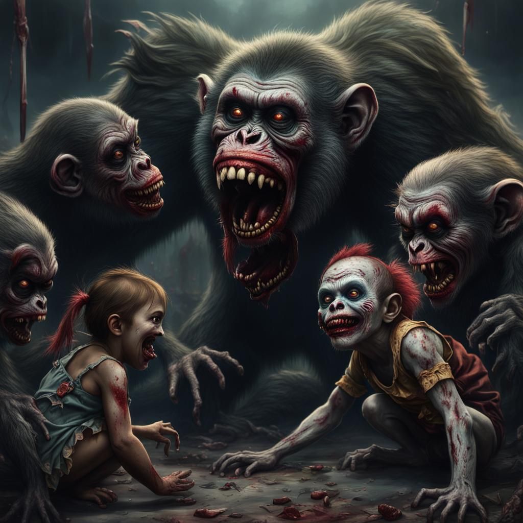 Zombie Monkey Monster Clowns Grinning at Baby