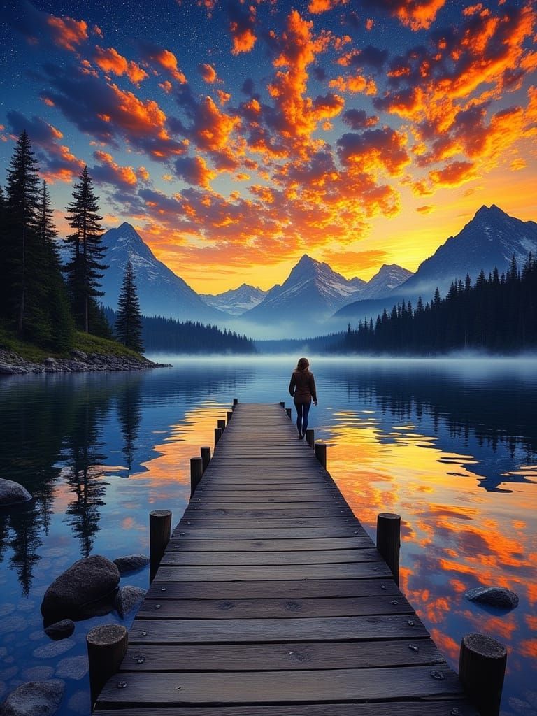 Mountain Lake Sunset in Van Gogh Style