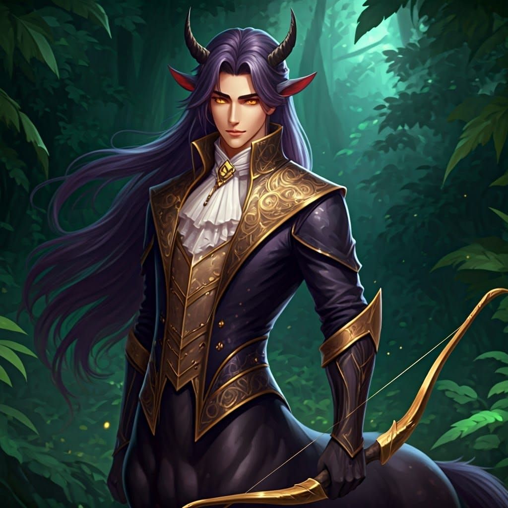 Teenage Centaur with Golden Bow in Emerald Forest