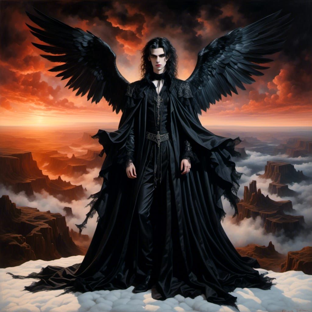 Macabre Portrait of Fallen Angel with Black Wings