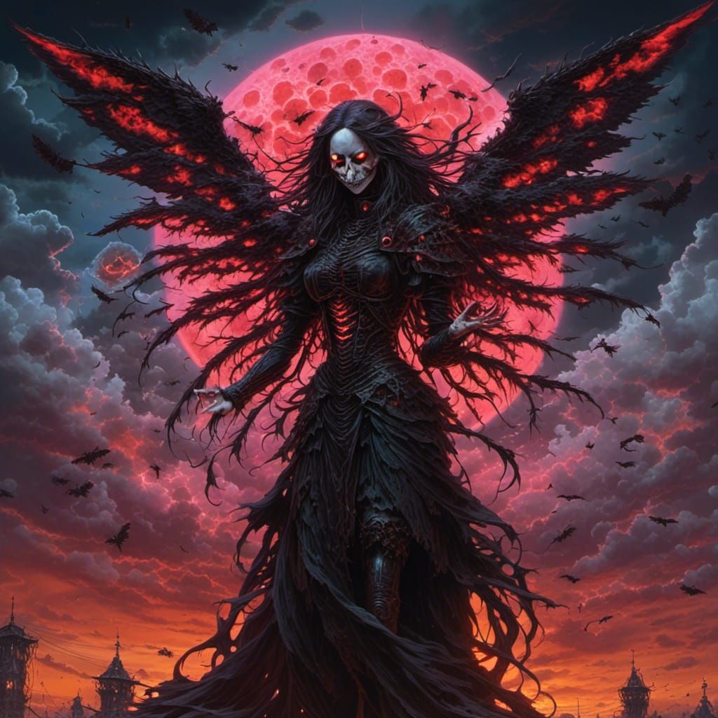 Spider Woman with Webs and Pumpkins in Horror Style