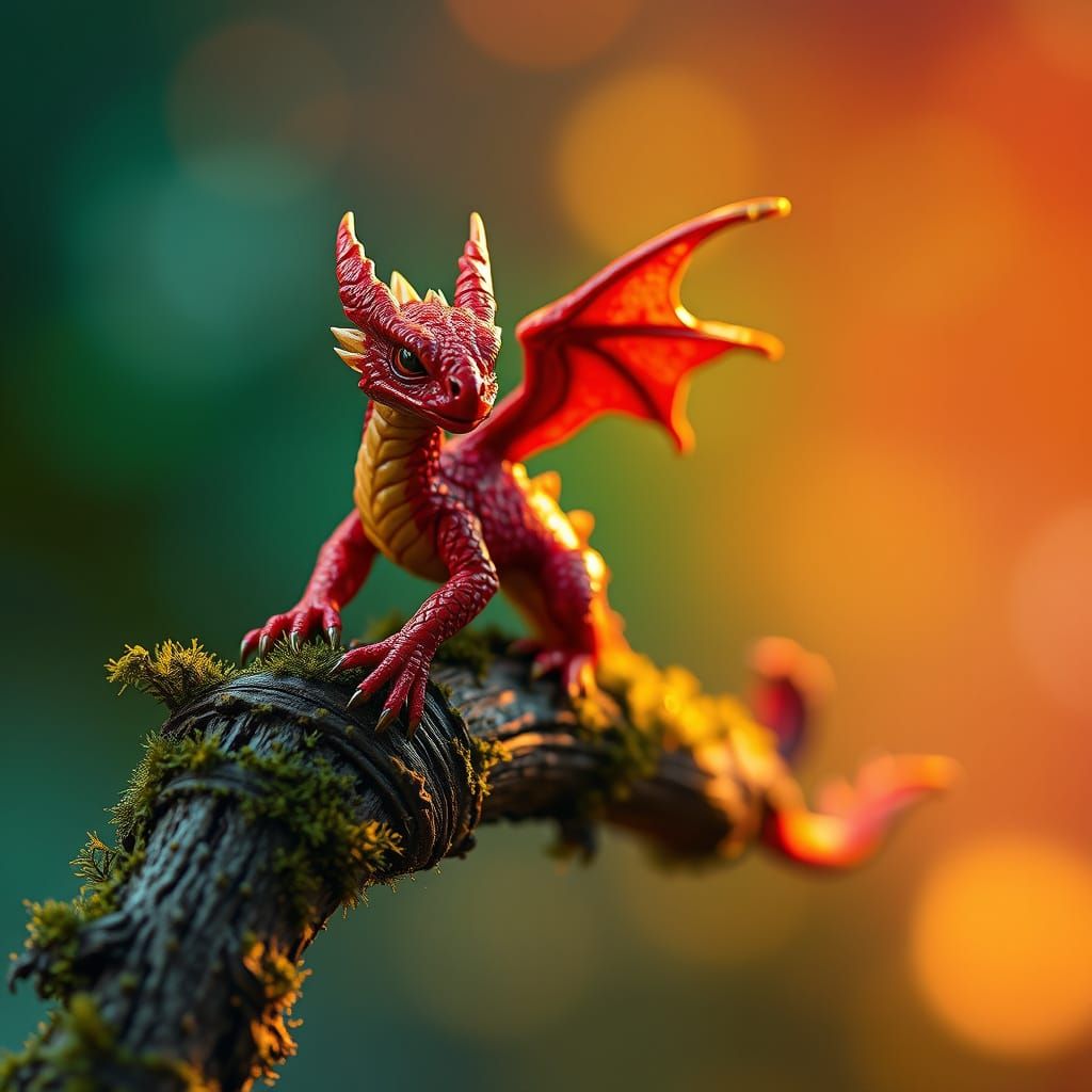 Miniature Ruby Dragon Perched on a Mossy Branch