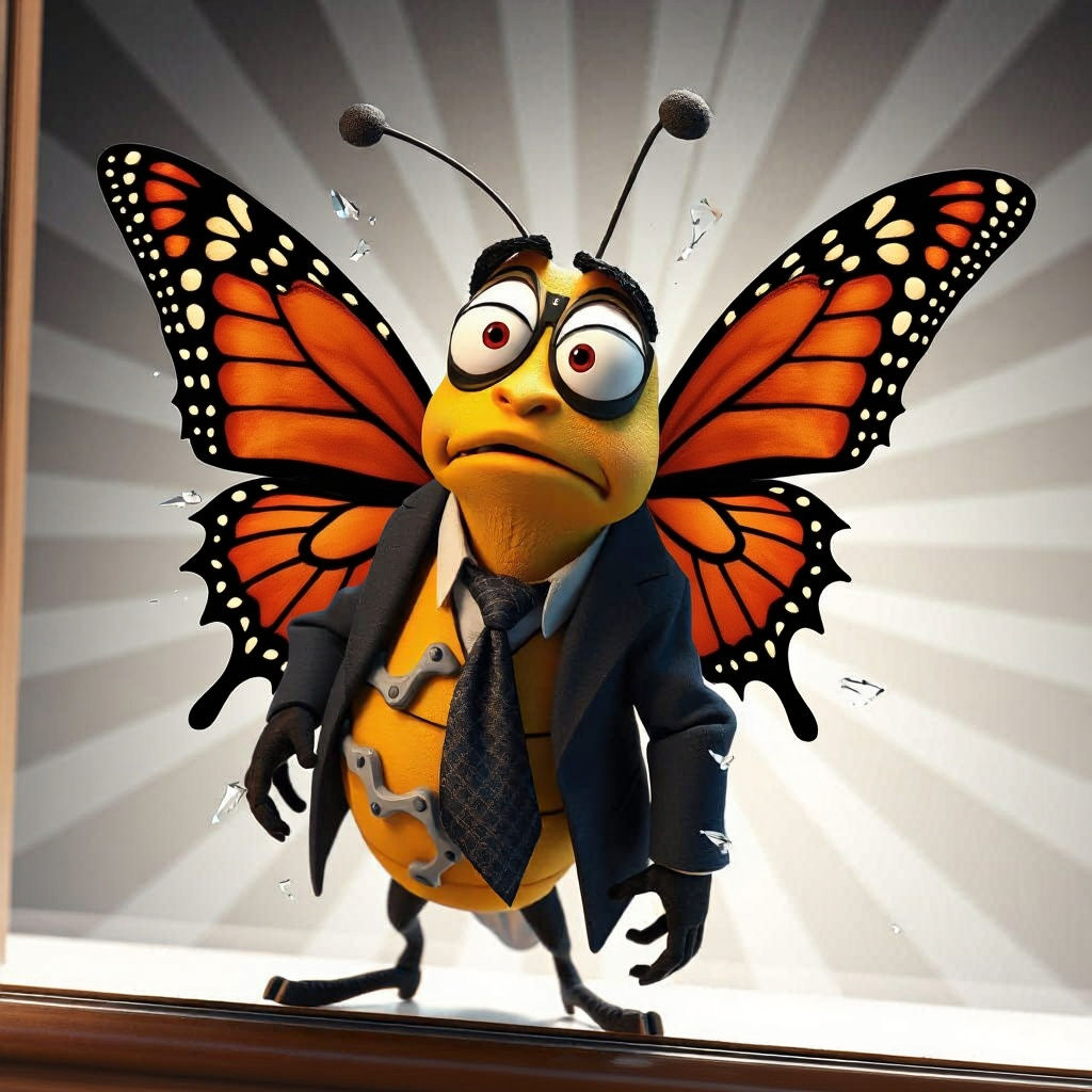 Anthropomorphic Butterfly Window Collision as 3D Digital Art