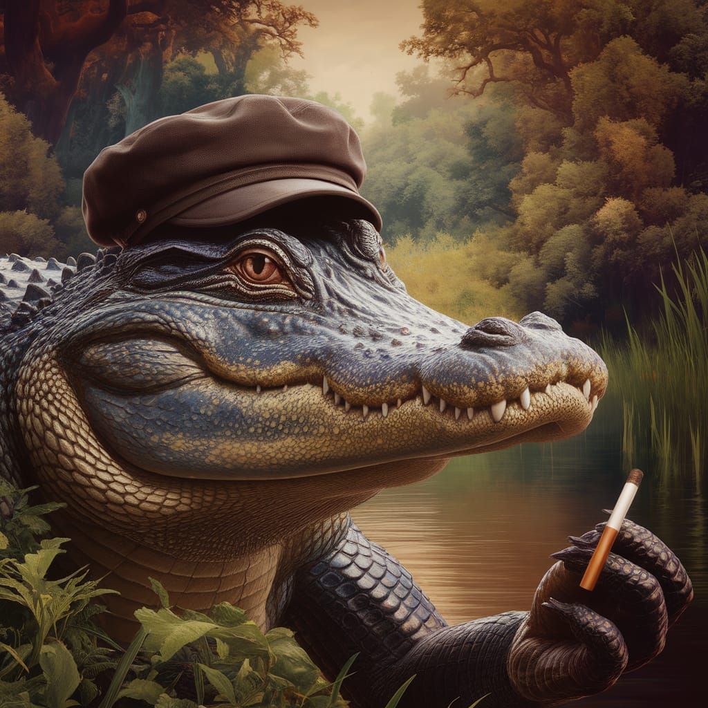 Alligator in Forest with Cigarette, Matte Painting
