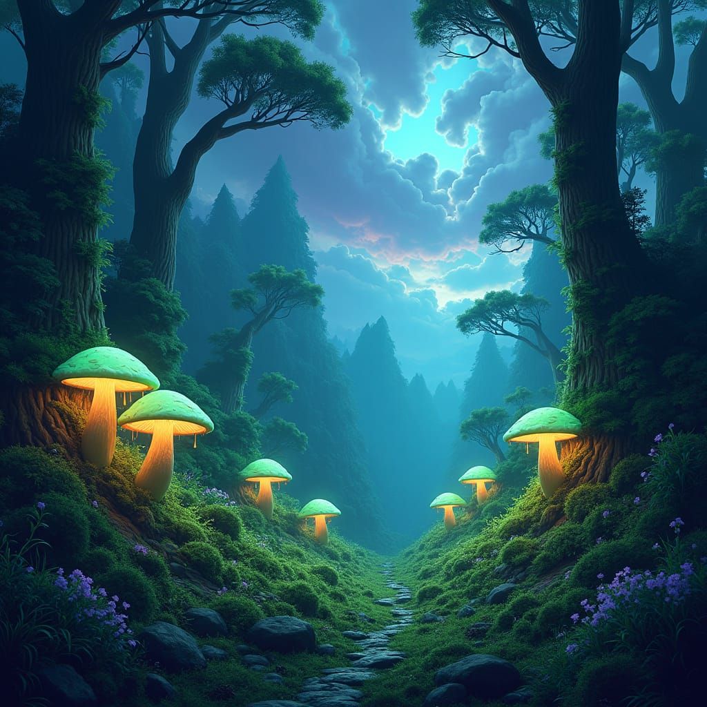 Enchanted Forest with Glowing Mushrooms in Matte Painting St...
