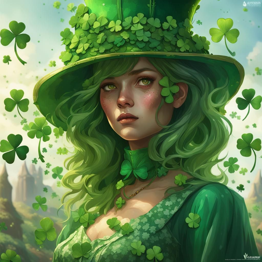 Girl in Clover Dress: Art Nouveau Portrait