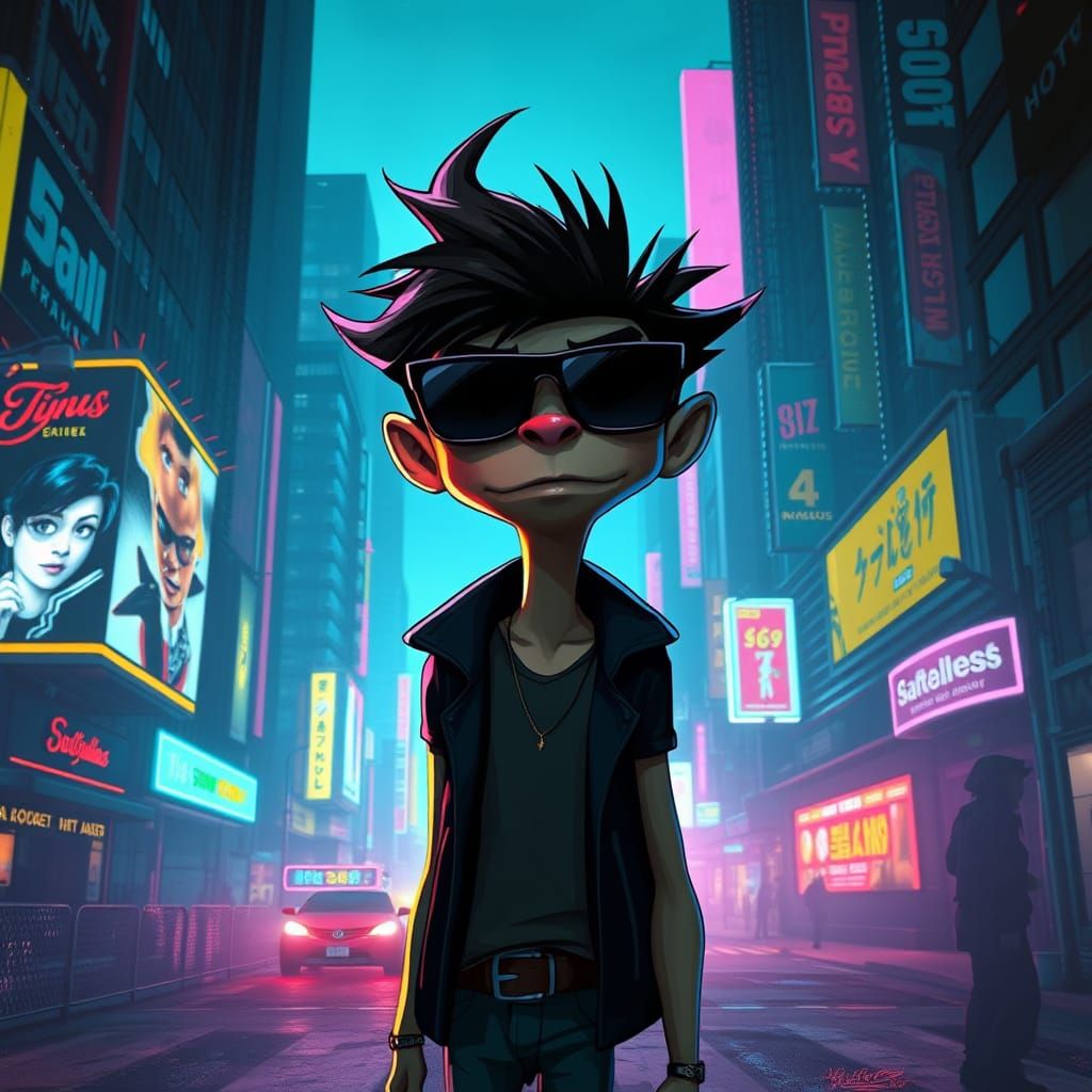 Futuristic Cityscape with Gorillaz in Neon Hues