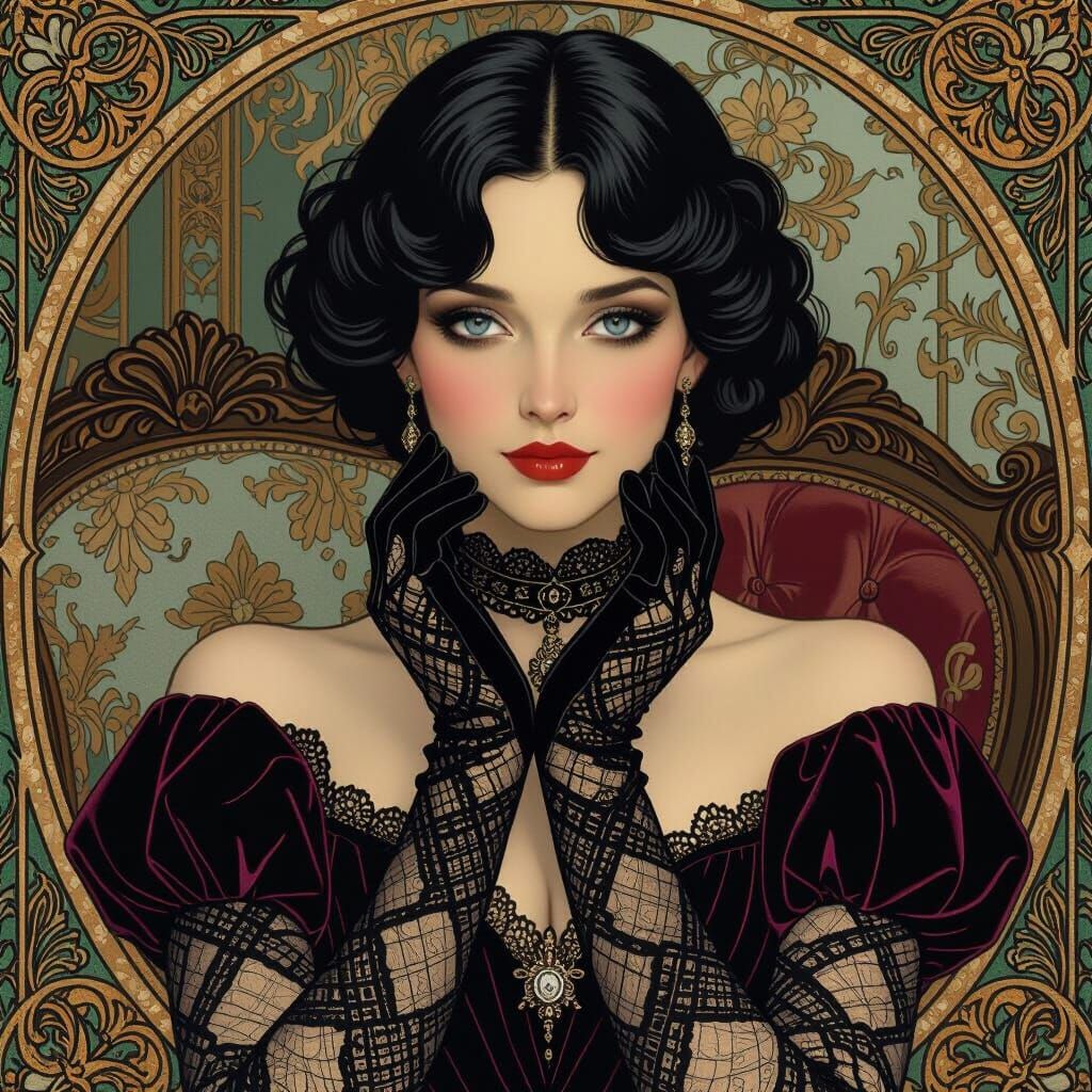 Victorian Woman in Lace Gloves and Velvet Dress