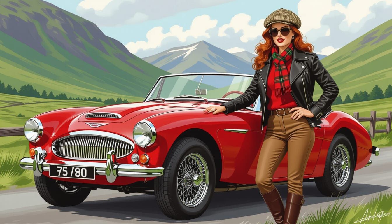 Red-Haired Woman with Austin-Healey in Comic Art Style