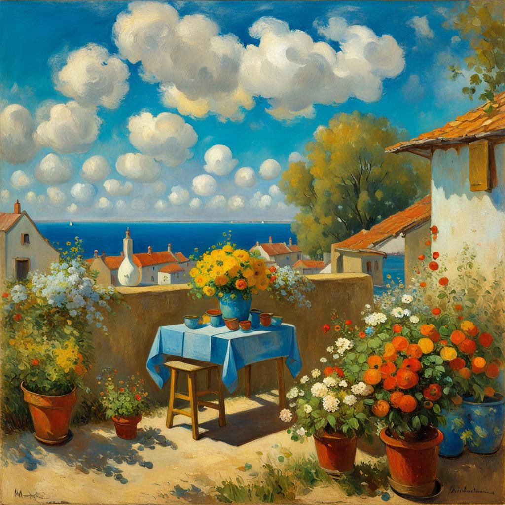 Mediterranean Village in Impressionist Style