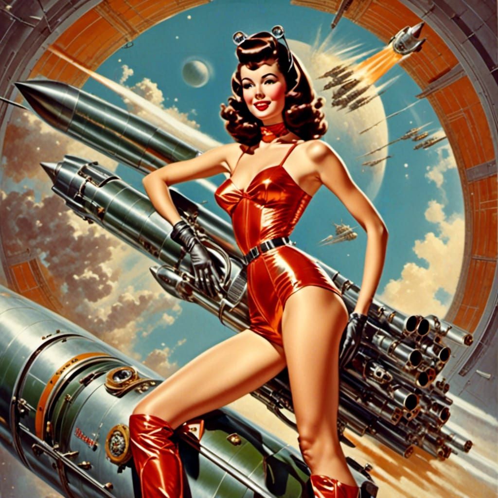 Retro Sci-Fi Pin-Up Girl on Rocket