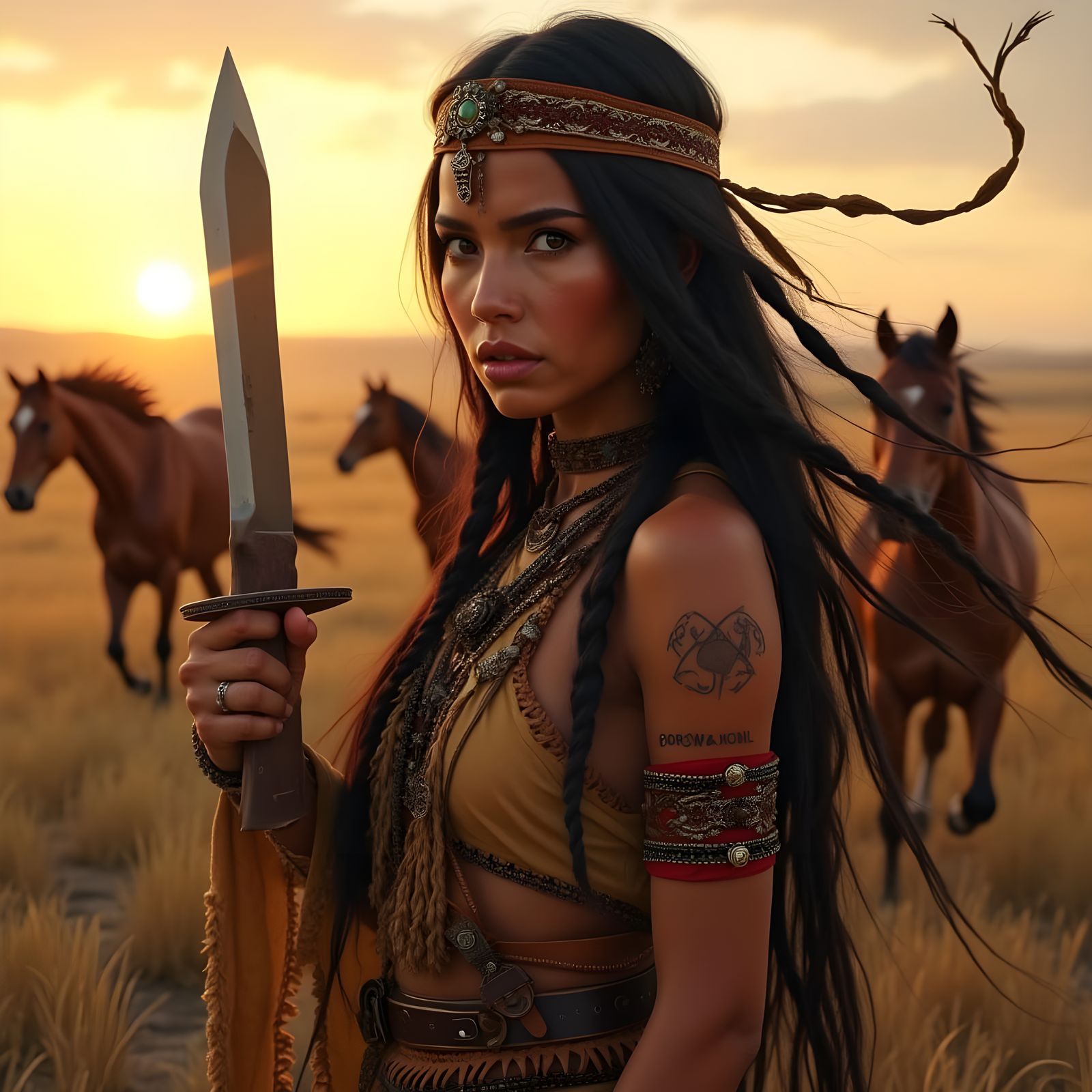 Native American Indian Woman in Pristine Prairie Landscape