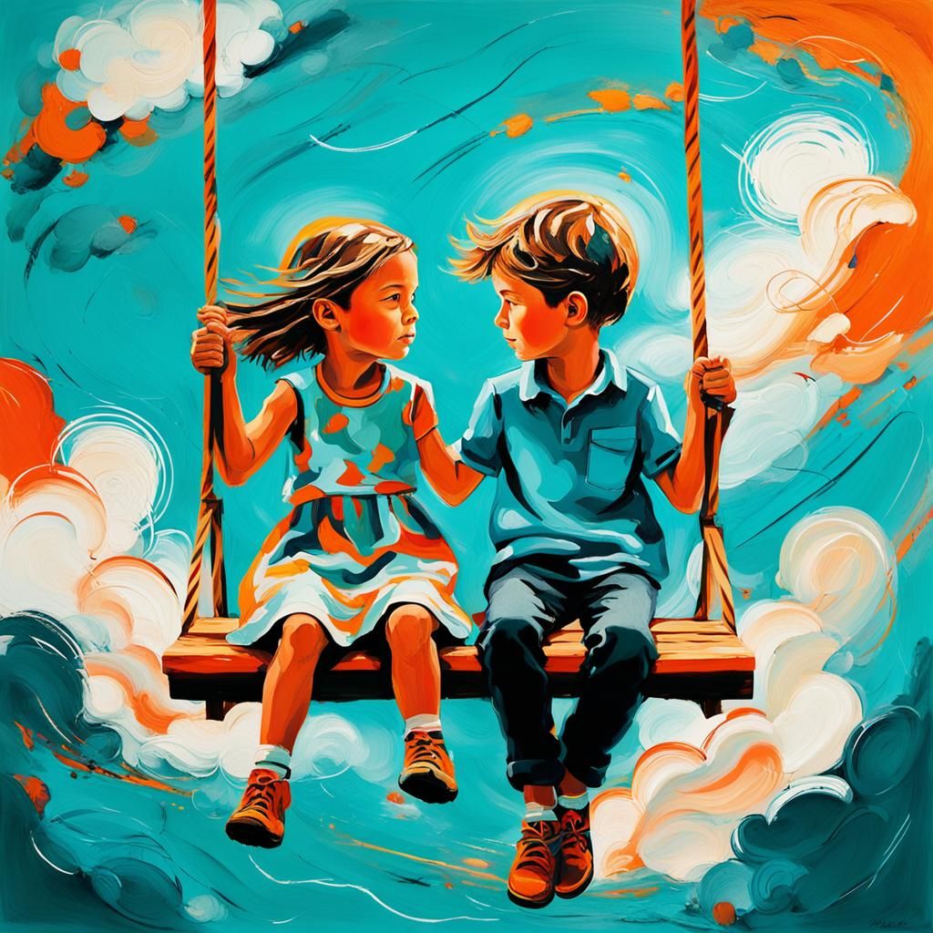 Children on Swing in Vibrant Expressionist Style