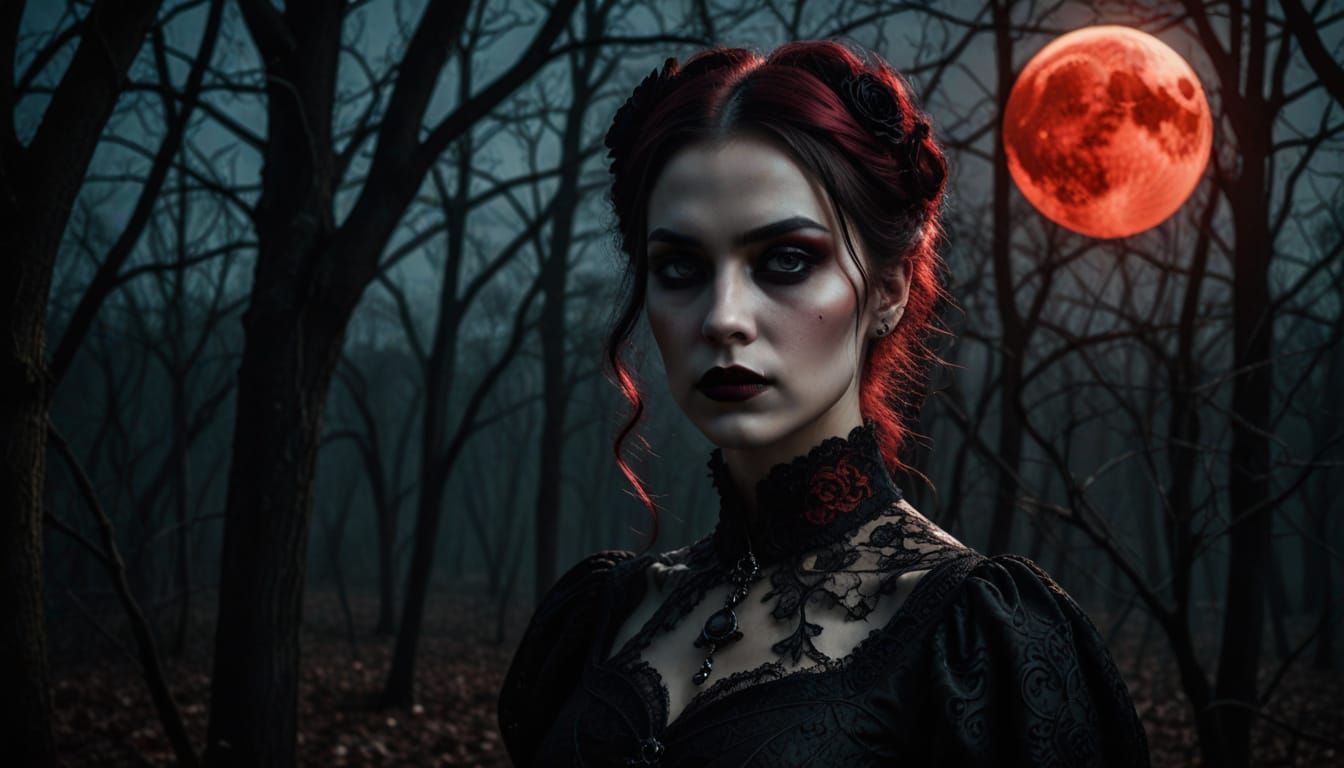 Gothic Young Woman Under Red Moon Portrait