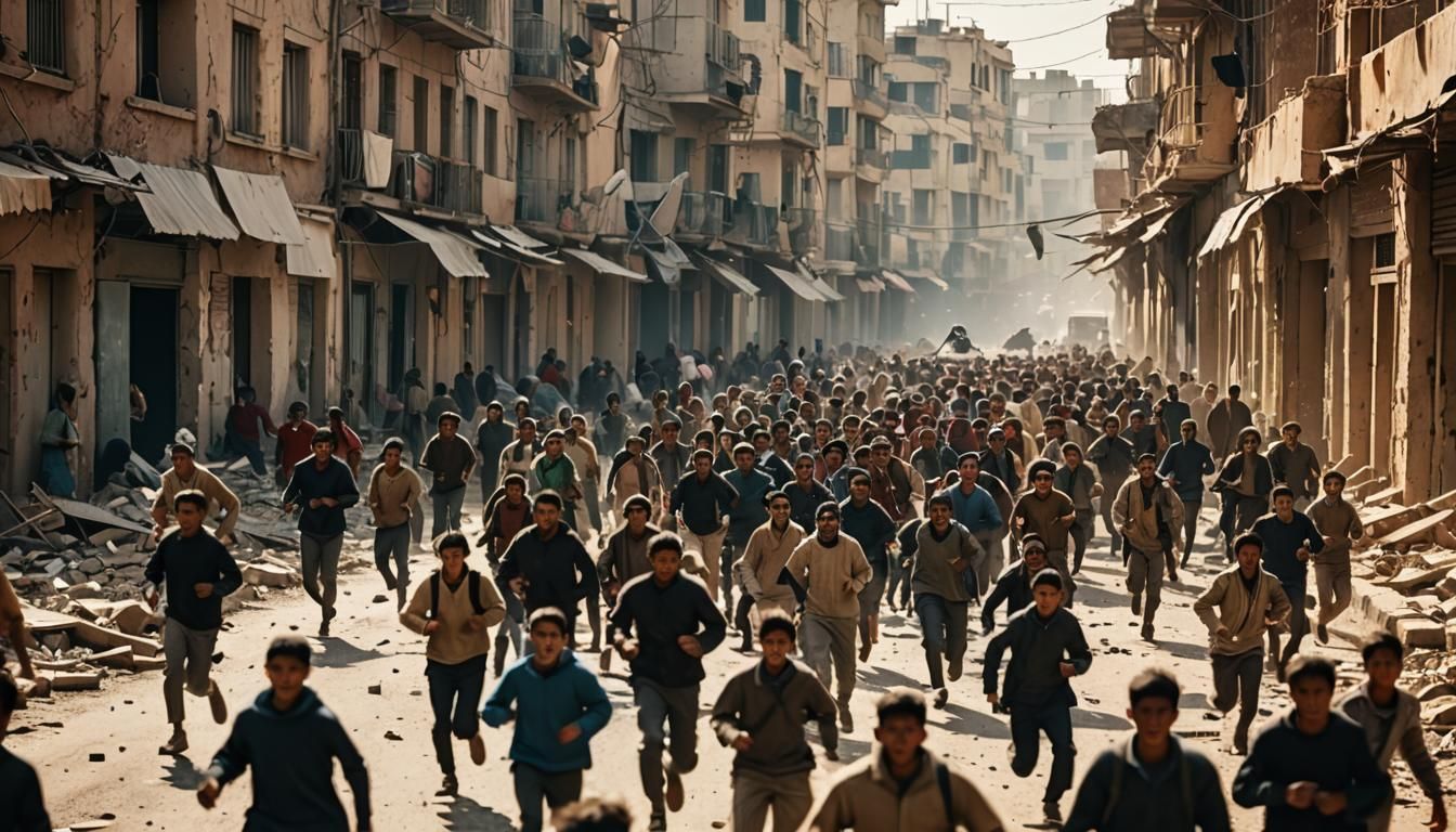War-Torn Cityscape: People Fleeing Invading Soldiers