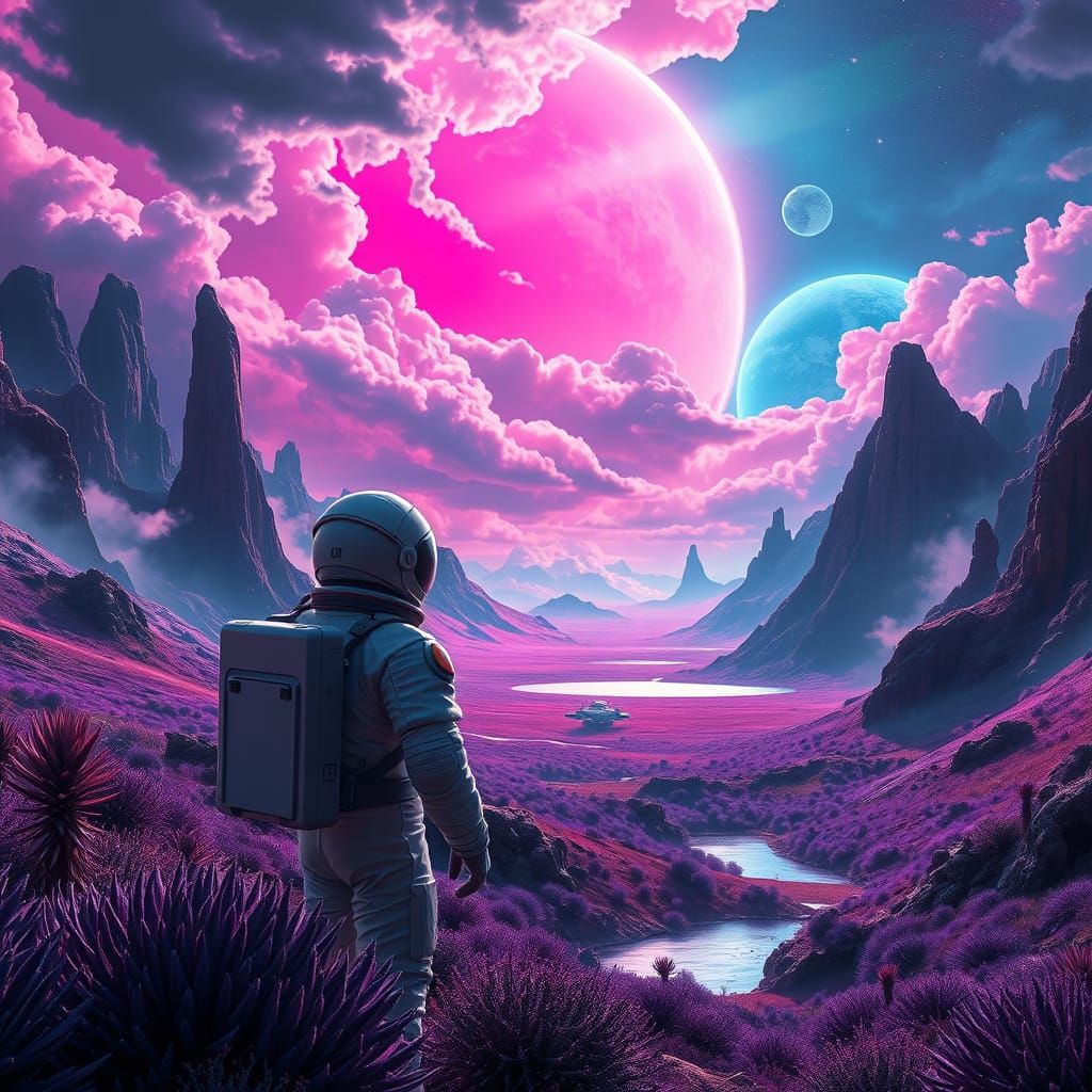 Epic Alien Landscape with Spaceship and Astronaut