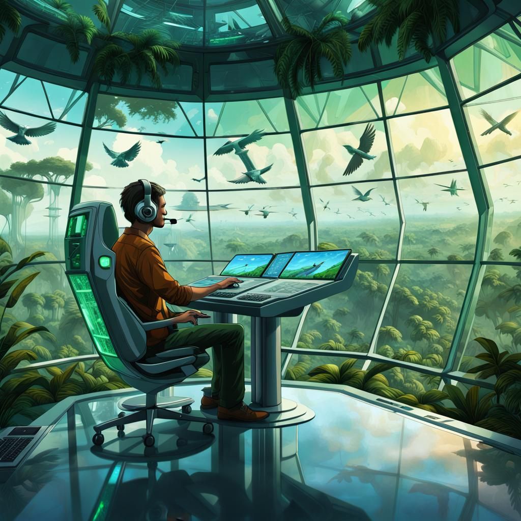 Futuristic Bird Traffic Controller in Amazon Rainforest
