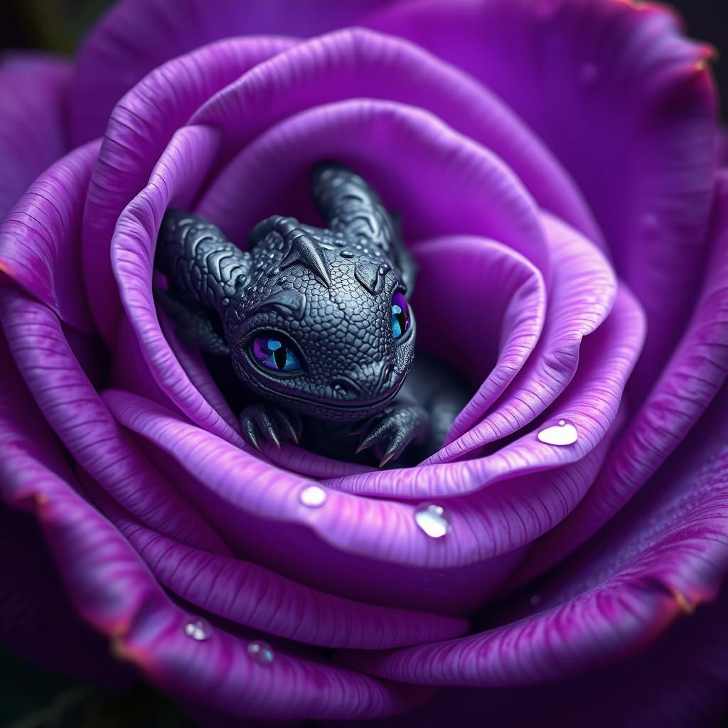 Bashful Dragon in Rose, Fantasy Concept Art