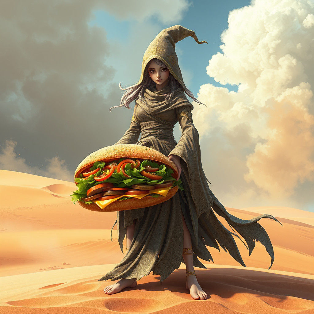Sand Witch Grasps Oversized Sandwich on Dune