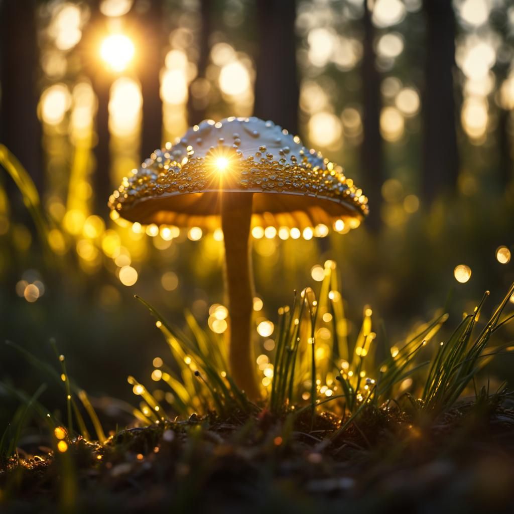 Jeweled Mushroom in Dewy Forest at Golden Hour