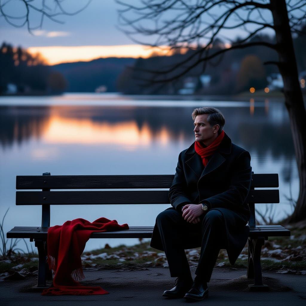 Solitary Man by Lake at Twilight in Photographic Style