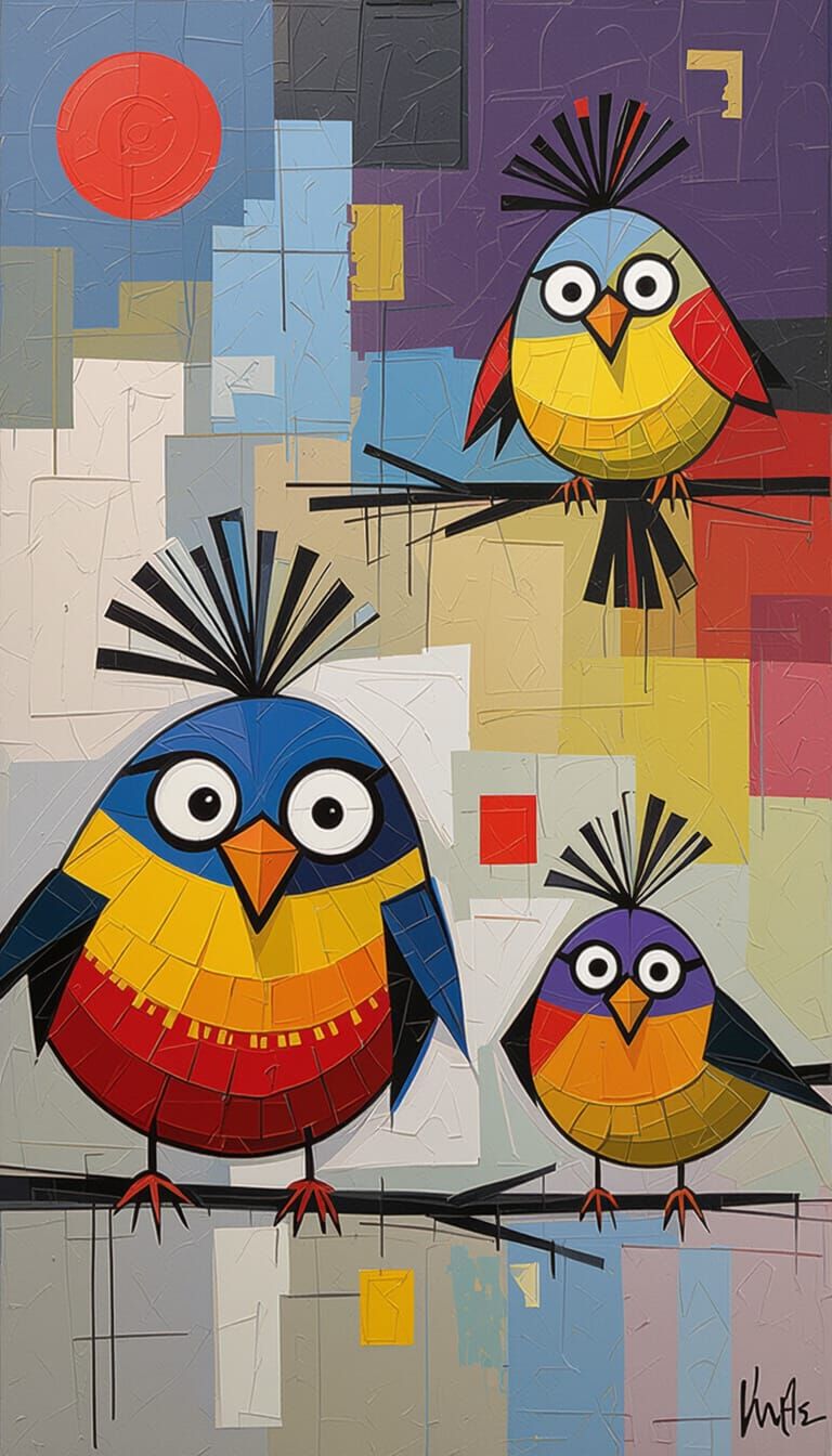 Colorful Birds with Quizzical Looks as Oil Painting
