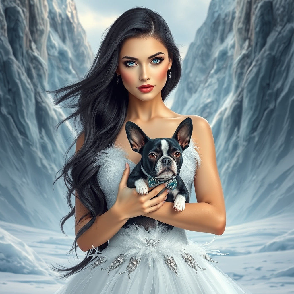 Snow Queen with Boston Terrier in Ice Mountains