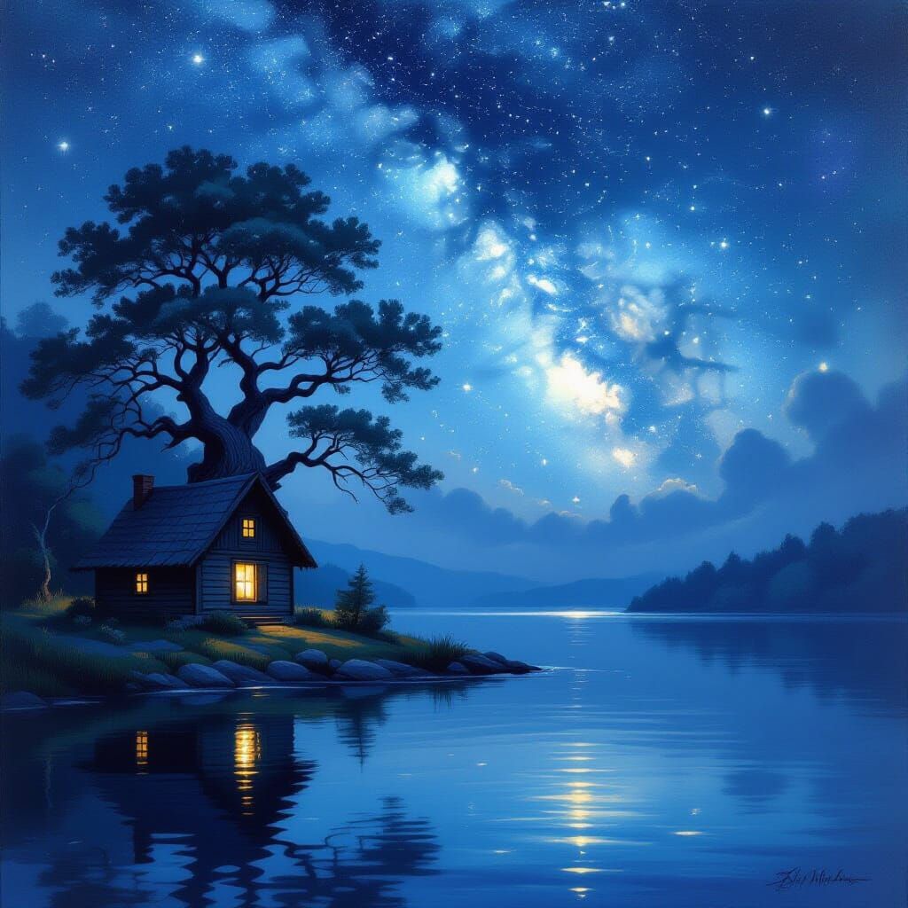 Dreamlike Island Cabin Under Starry Night Sky