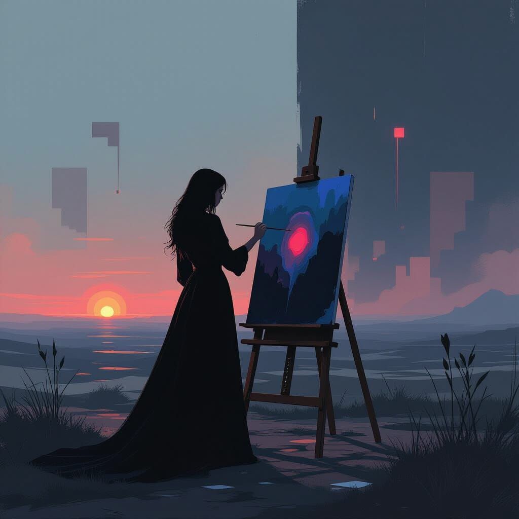 Woman Painting at Universe's End: Abstract Dystopian Art