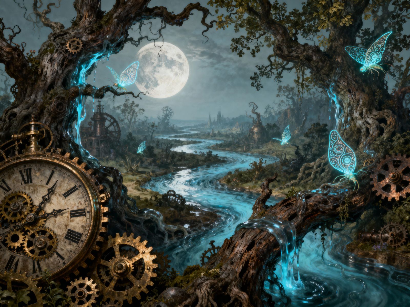 Surreal Steampunk Landscape of Clockwork Gears and Moonlit R...