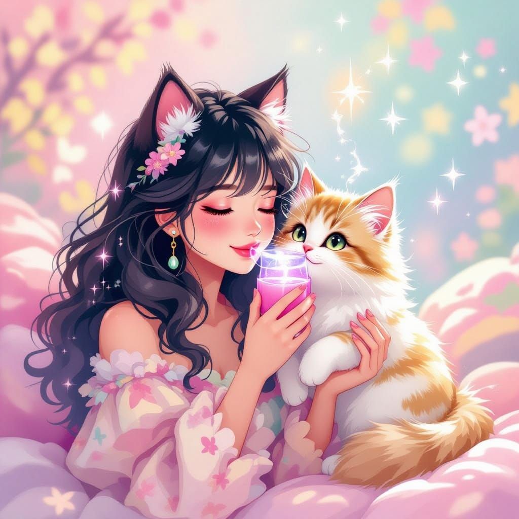 Whimsical Woman Transforms into a Fluffy Kitty in Pastel Fan...