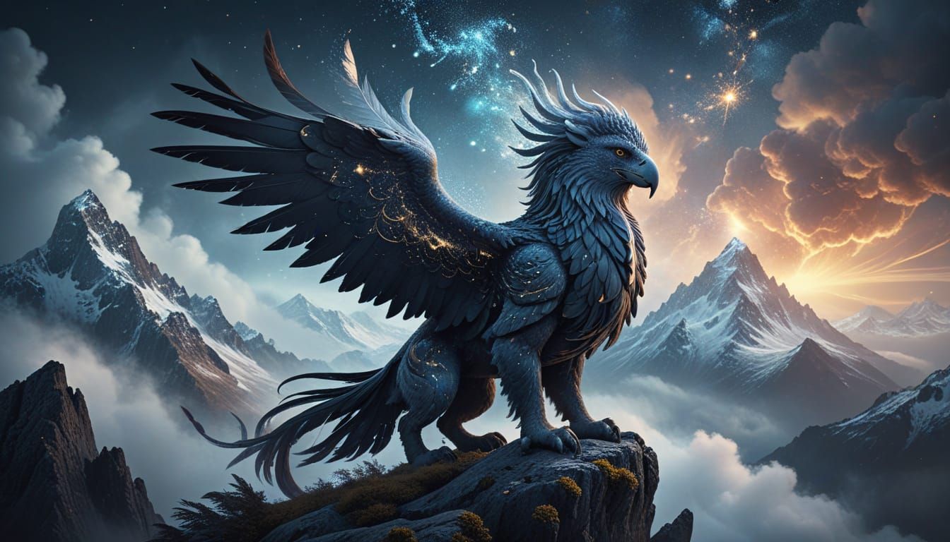 Majestic Griffin with Constellation Feathers on Mountain Pea...