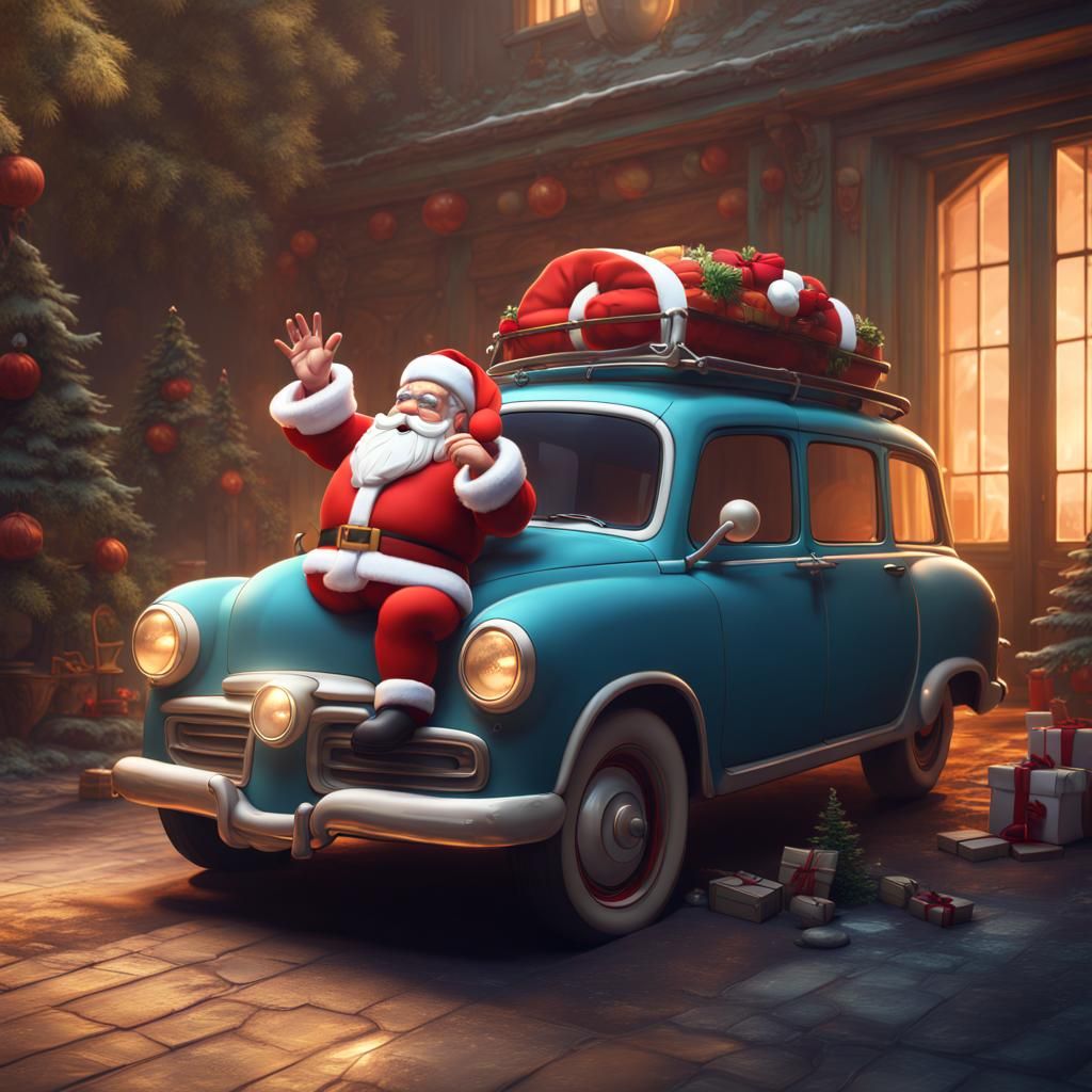 Santa Claus in Car Cartoon: Detailed Matte Painting