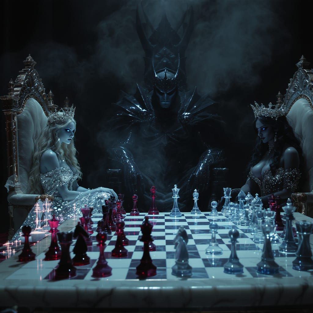 Glass Chess Set with Regal Figures in Ethereal Light