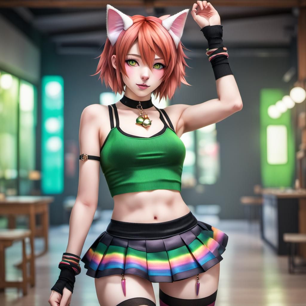 Hyperrealistic Neko Girl with Rainbow Skirt