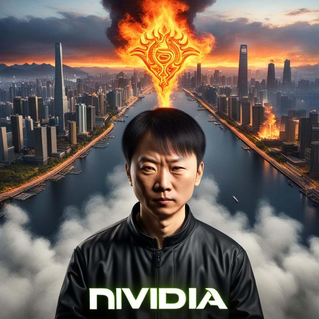 Huang Renxun Portrait With Fiery NVIDIA Skyline