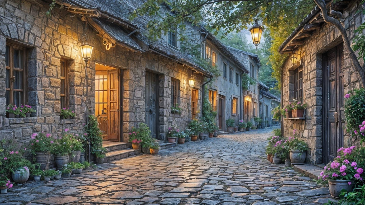 Quiet Cobblestone Alley with Ornate Doors at Twilight