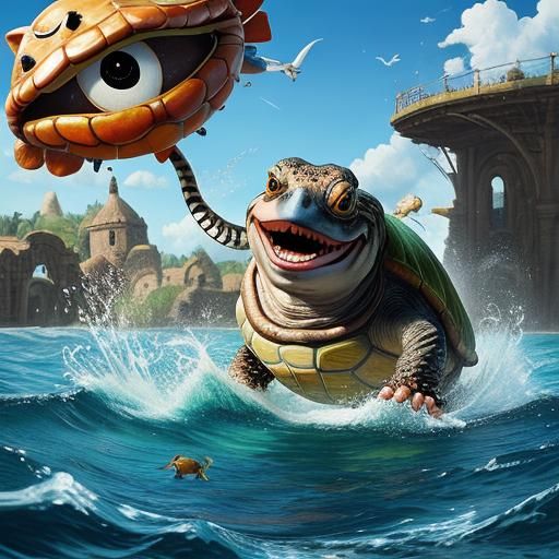 Googly-Eyed Boy Races Turtle in Surrealist Style