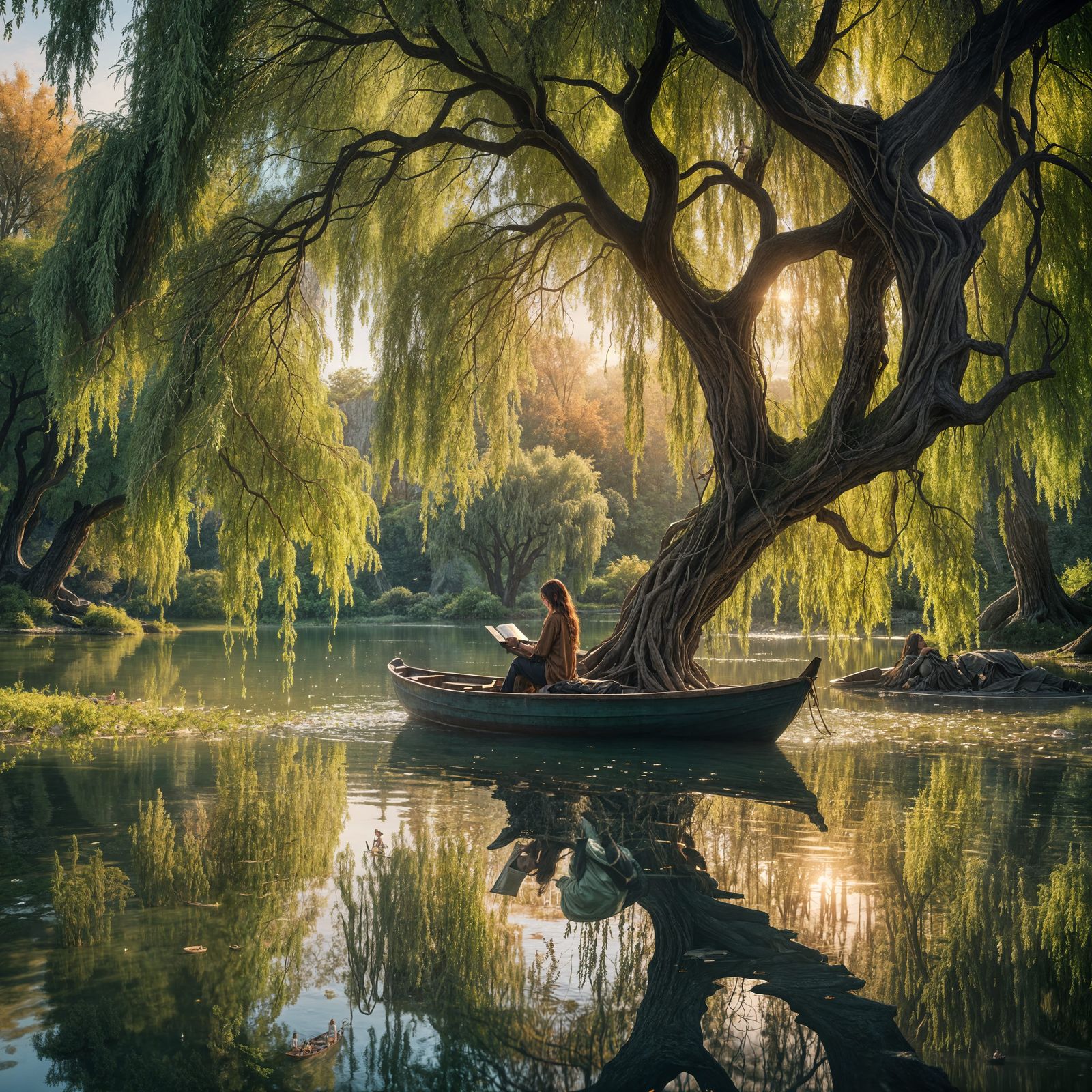 Woman Reading Under Willow Tree at Sunrise
