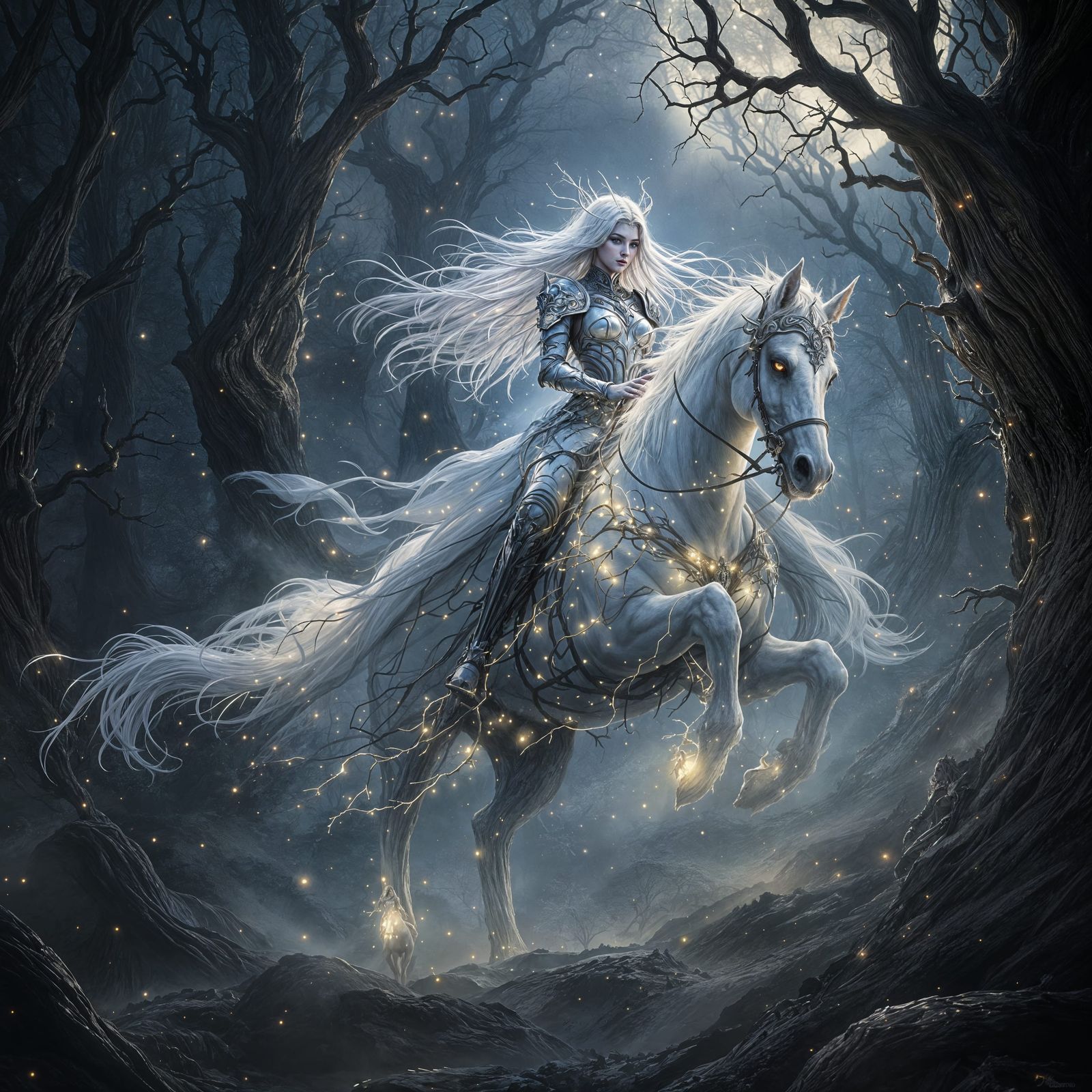 Spectral Warrior Queen in Gothic Armor Rides into Misty Fore...