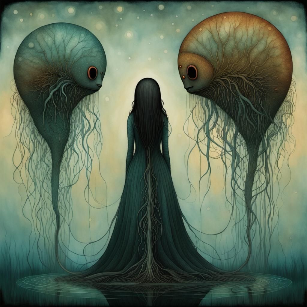 Synchronized Chaos Engulfing Rotifers in Dark Fantasy Style