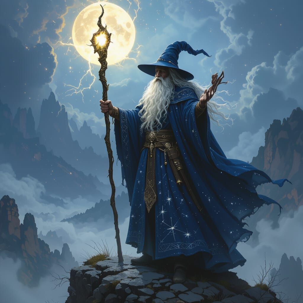 Arcane Mage Surveys Misty Valley in Dark Fantasy Style