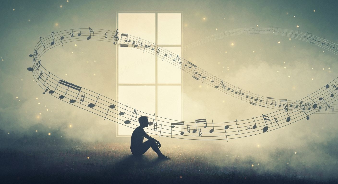 Dreamlike Landscape of a Figure Surrounded by Musical Notes