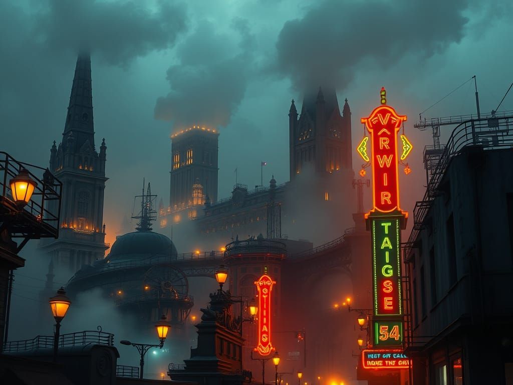 Steampunk Metropolis at Dawn, Foggy Streets Illuminated by G...