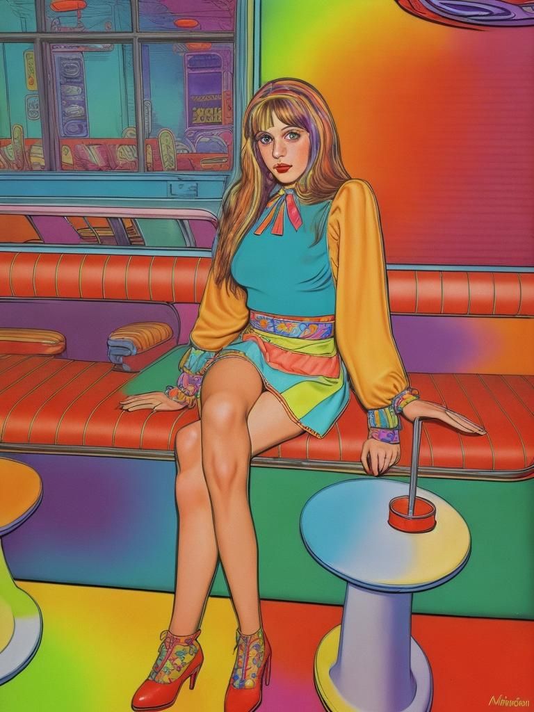 1970s Diner Waitress in Psychedelic Abstract Art
