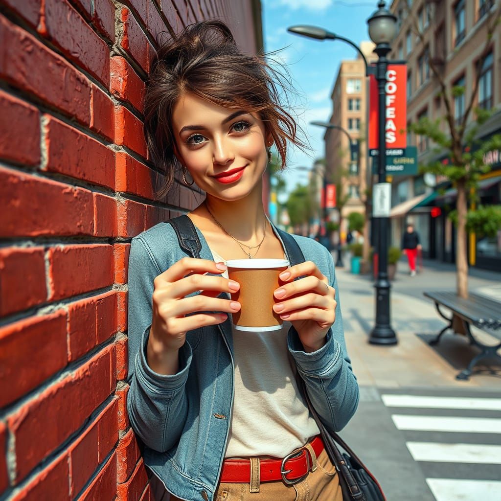 Young Woman Smirks by Vibrant Brick Wall with Coffee