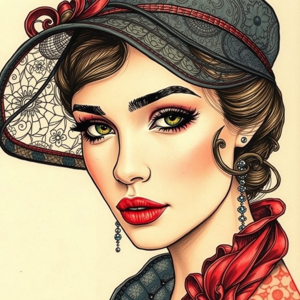 Inked Portrait of a beautiful woman, wearing a veiled, cloche hat